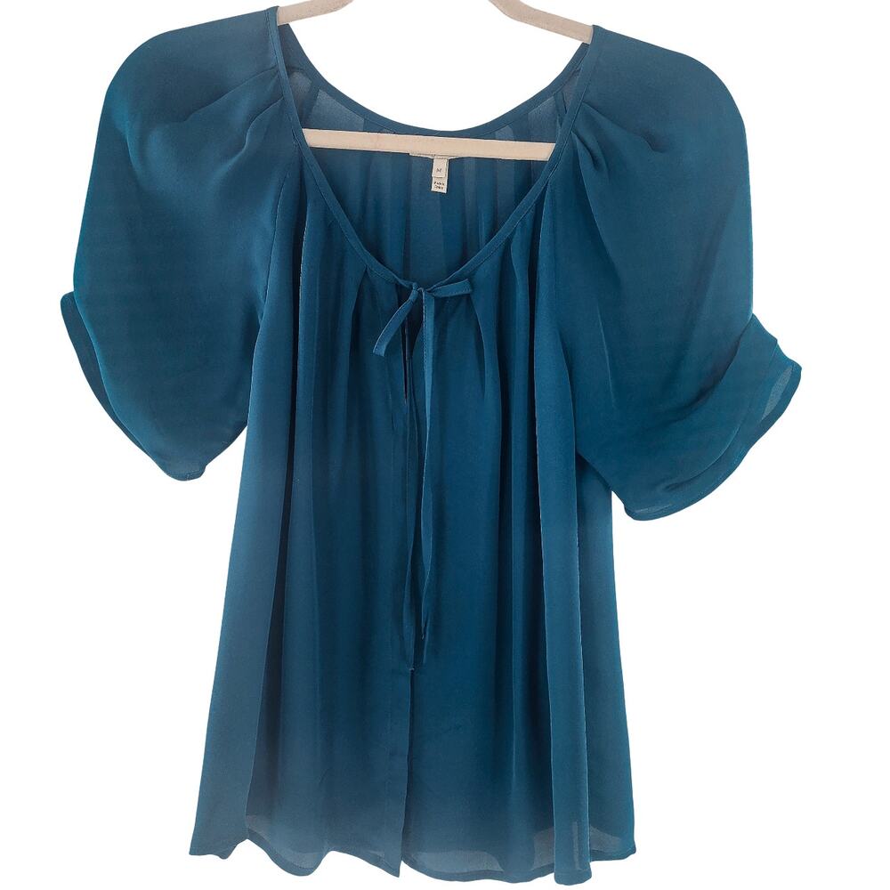 Joie Women’s Silk Blouse M Puff Sleeves Semi Sheer Teal Button Up Tie Neckline
